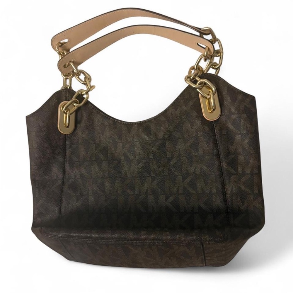 Michael Kors Brown Monogram Shoulder Bag with Tan Handles and Gold Hardware